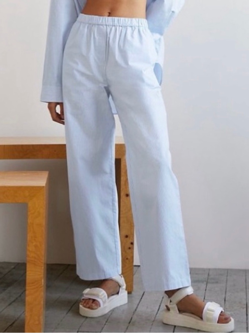 Aritzia Wilfred Free Boardwalk Cotton Poplin Pants Blue White Prep Stripe Small